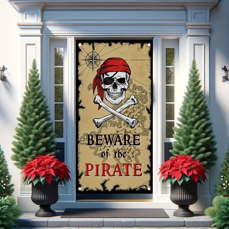 TOMHONG Pirate Door Cover Banner Beware of the Pirate 71x35 Inch Party Door Sign for Front Door Skull Map Design Door Cover for Halloween Theme Party Outdoor Decor - Image 4